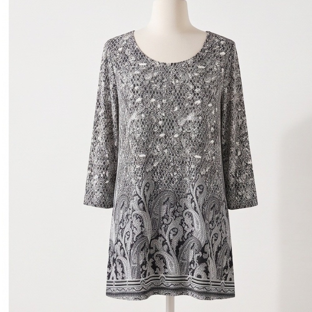 Jones New York JNY 1X Top Paisley Floral Black White Tunic 3/4 Sleeve NWT
